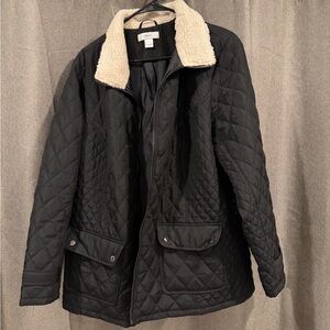 CJ Banks Black Quilted Puffer Jacket with Cream Sherpa Collar